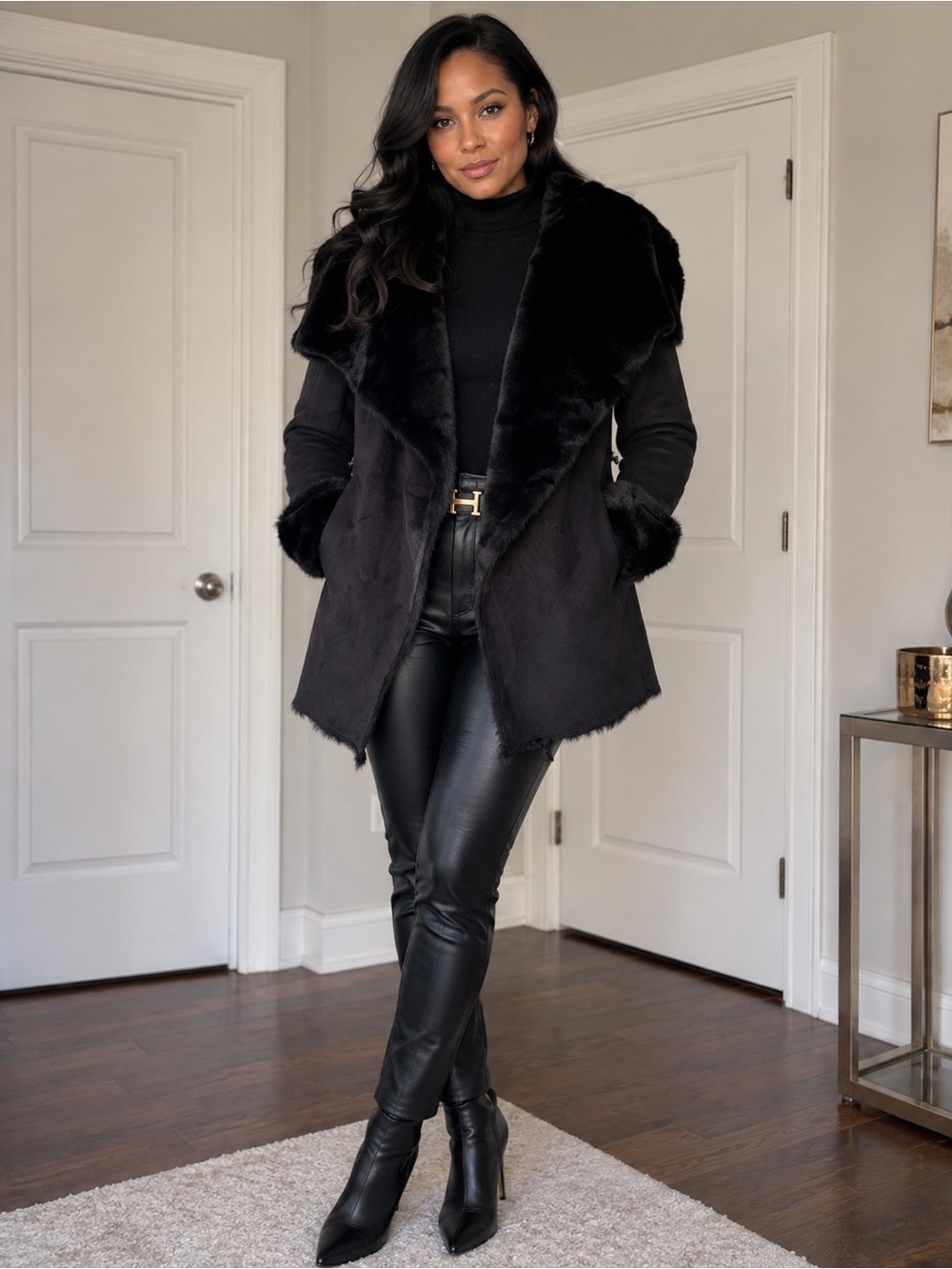 Jennifer Lopez Black Faux-Fur Coat